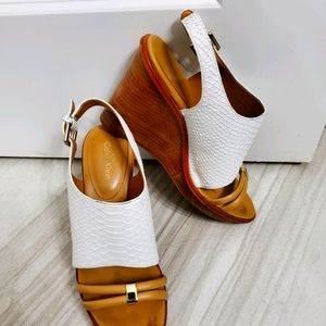 White and Tan open toe wedge